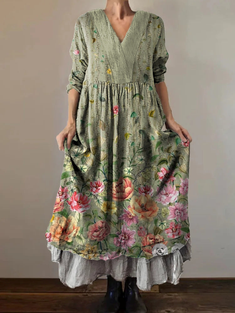Women's Vintage Floral Art Print V-Neck Button Pocket Cotton Dress