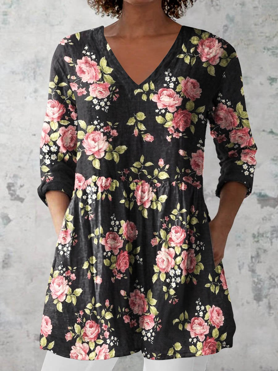Women's Retro Floral Art Print Casual Cotton And Linen V-neck Top
