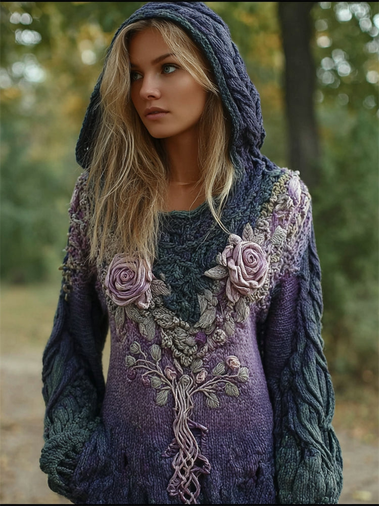 Lavender Roses Viking Tree Of Life Gradient Cozy Hooded Sweater artswardrobe