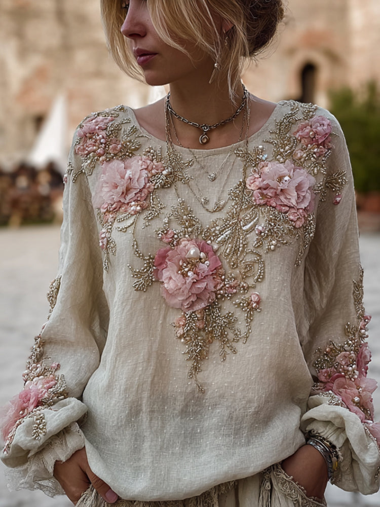 Comstylish Women's Pink Flower Embroidery Long-sleeved Round-neck Top