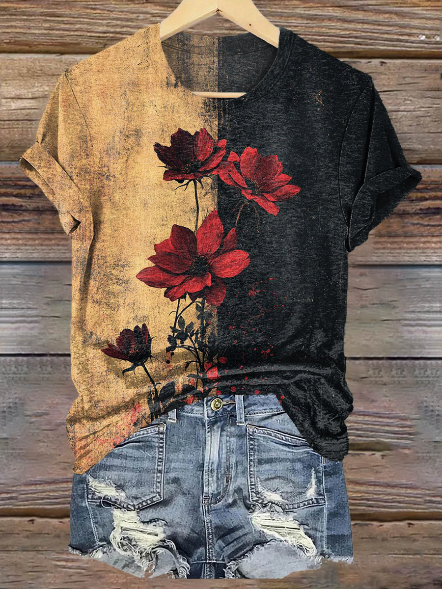 Retro Rose Flower Art Print Casaul Short Sleeve T-shirt