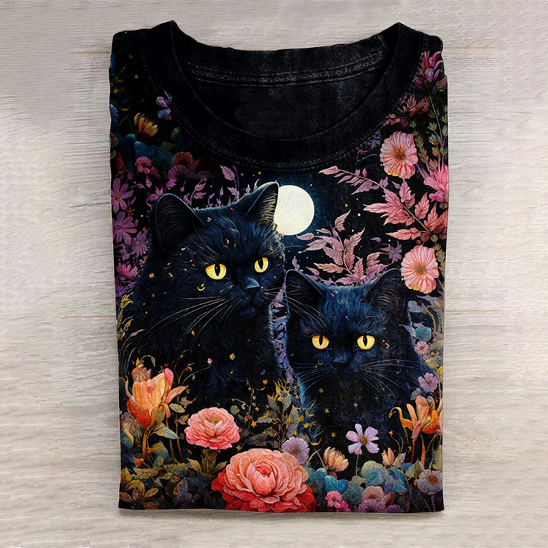 Floral Cat Art Print Casual T-Shirt elevenforest