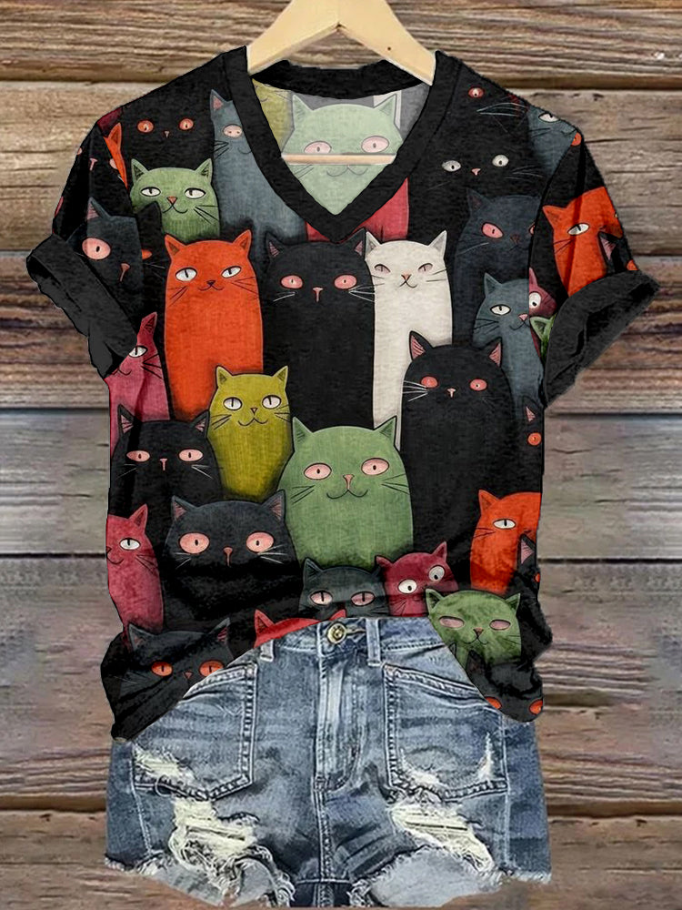 Cute Crowded Cat Art V Neck Cozy T Shirt elevenforest