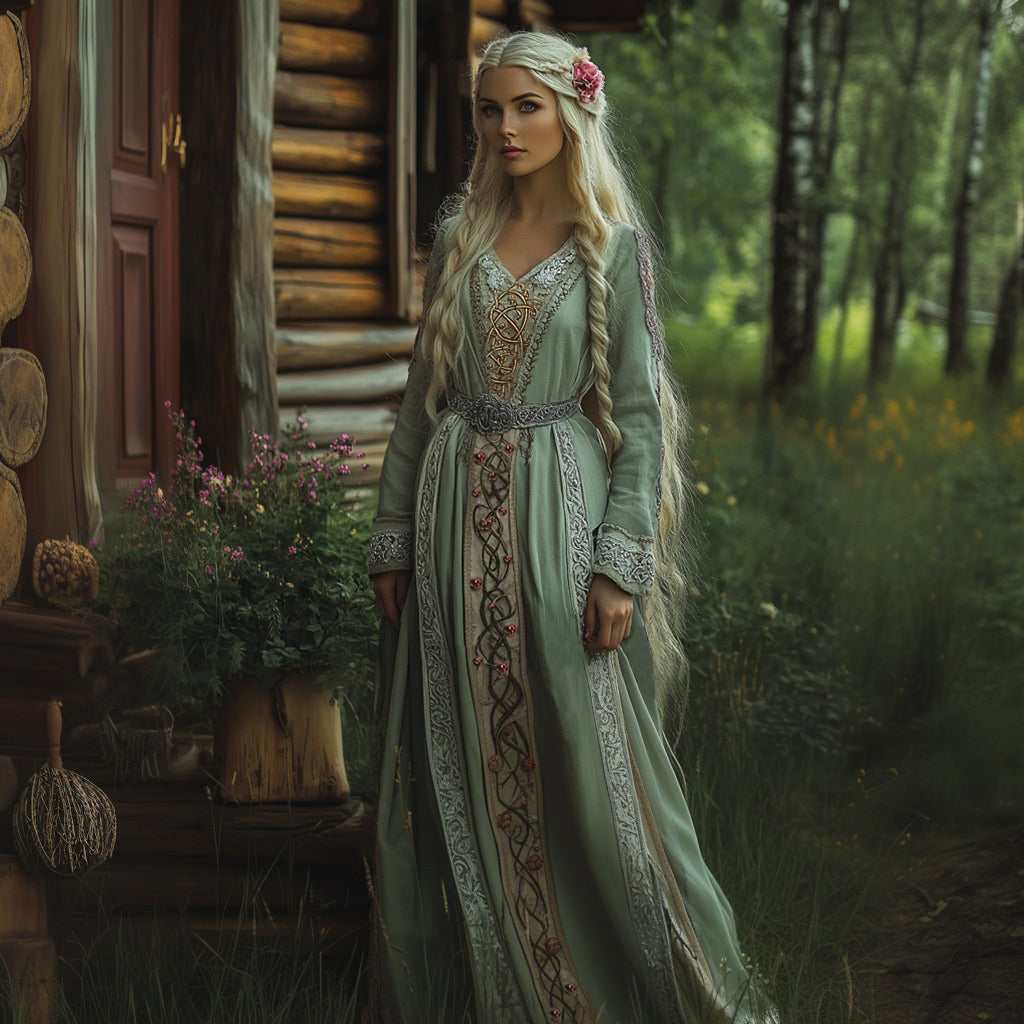 Women's Viking Celtic Rose Design V Neck Maxi Dress artswardrobe