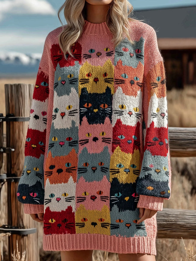 Colorful Cat Embroidered Art Long Knitted Sweater elevenforest