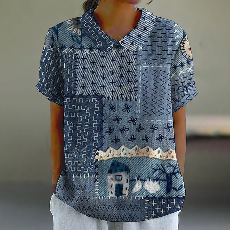 Vintage Japanese Traditional Art Lapel Linen Blend Blouse artswardrobe