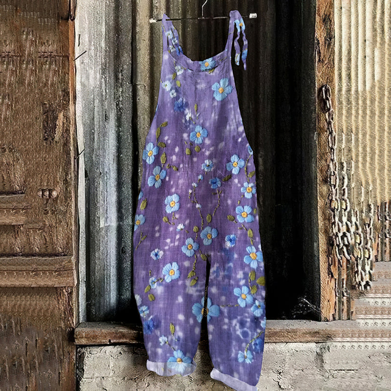 Women's Bohemian Style Lavender Floral Linen Print Cotton Linen Jumpsuit artswardrobe