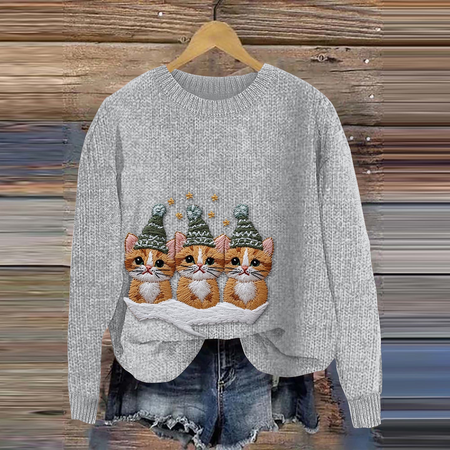 Women's Three Cats Christmas Embroidery Art Cozy Sweater elevenforest