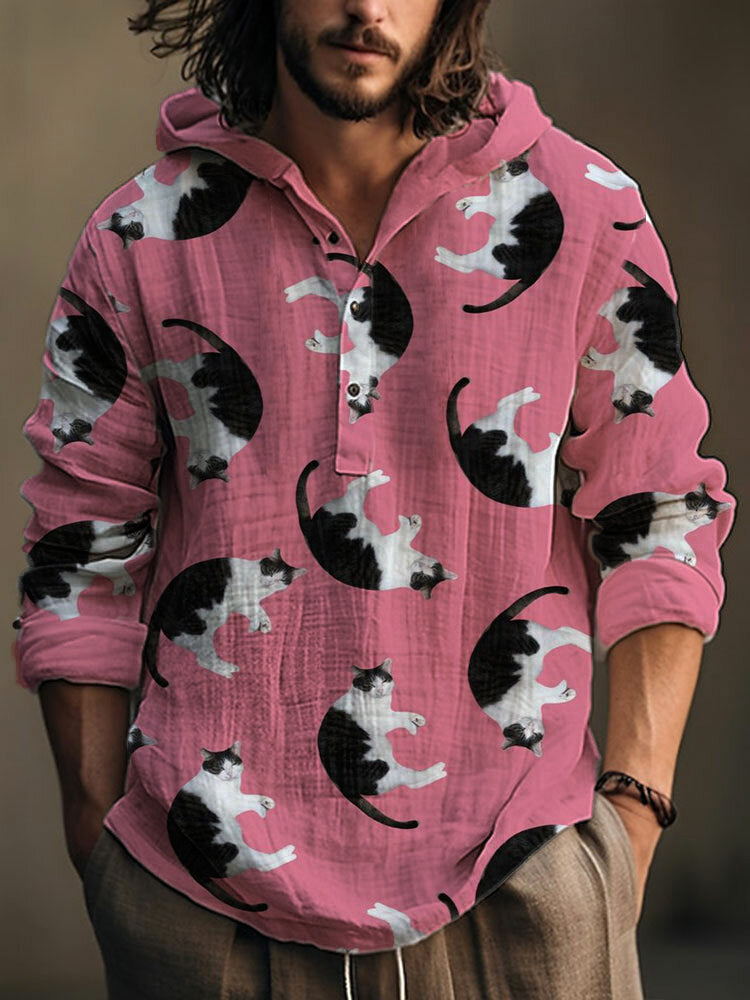 Cotton Blend Pink Milk Cat Print Hoodie elevenforest