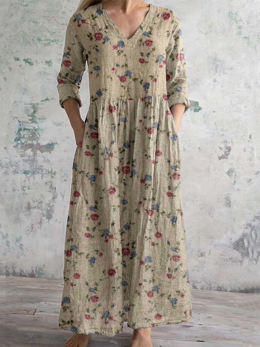 Women's Elegant Floral V-Neck Cotton Dress