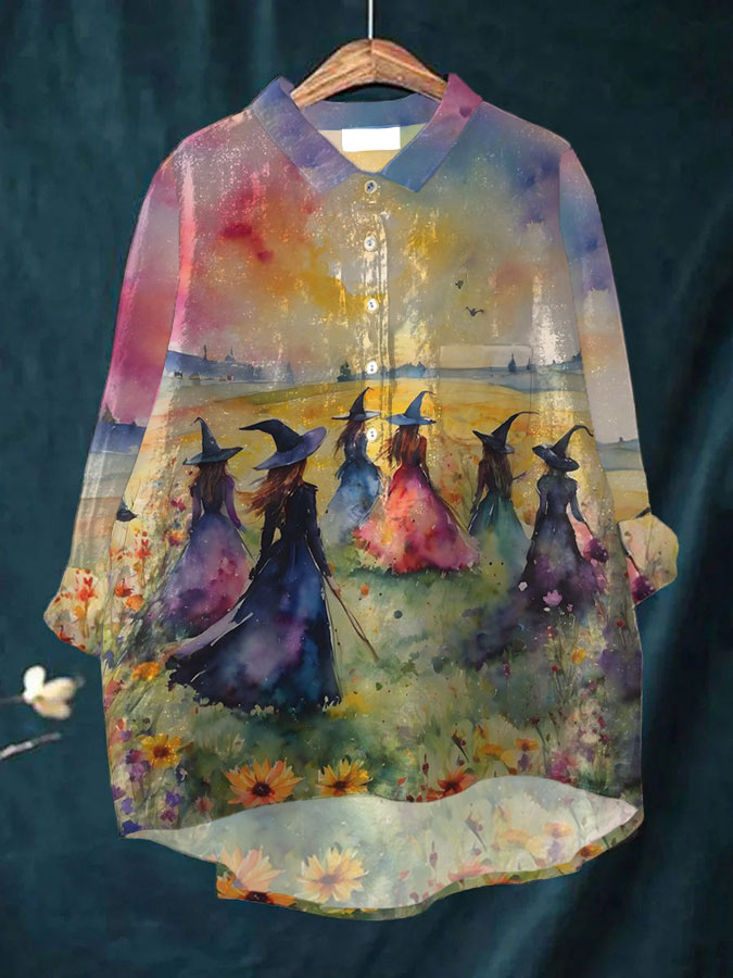 Comstylish Women's Casual Halloween Watercolor Witch Print T-shirt