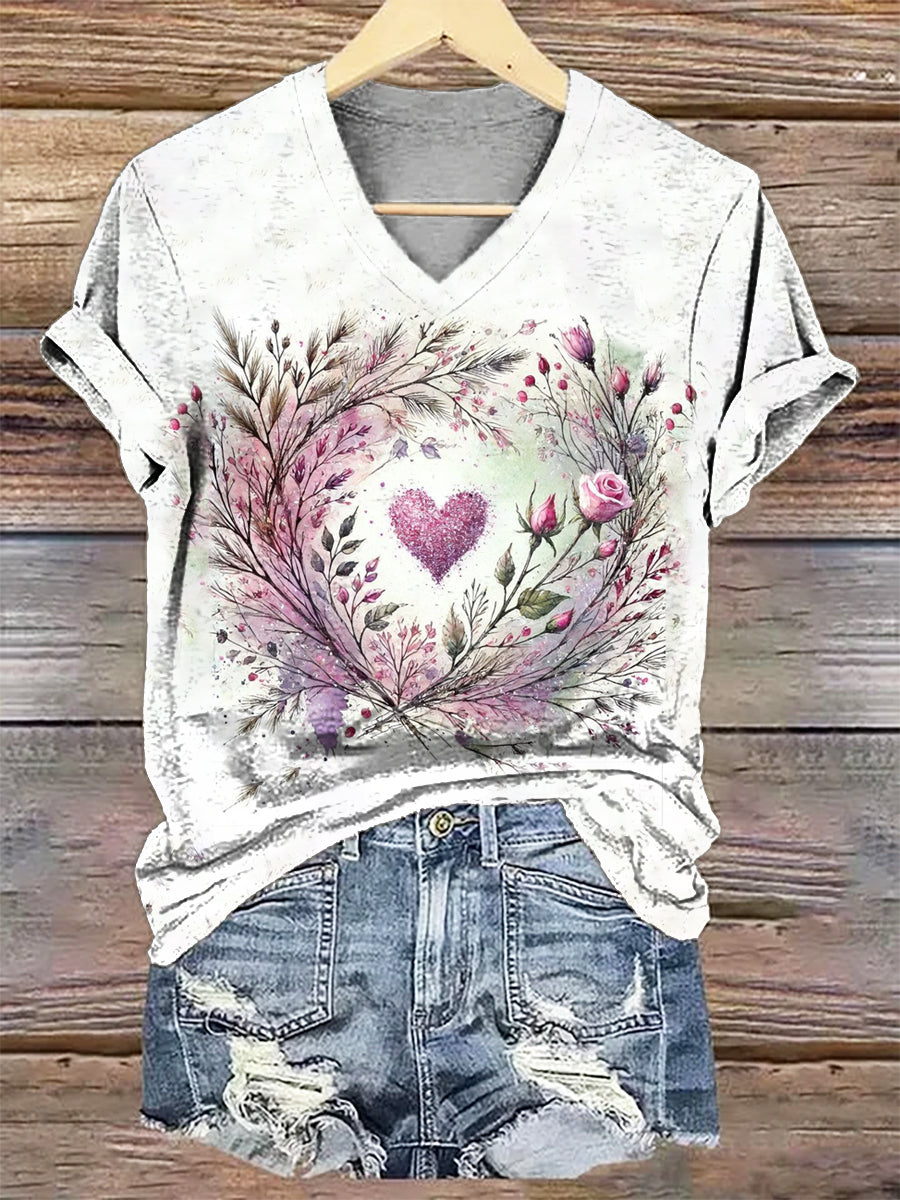 Women's Floral Heart Art Print V-Neck Casual T-Shirt
