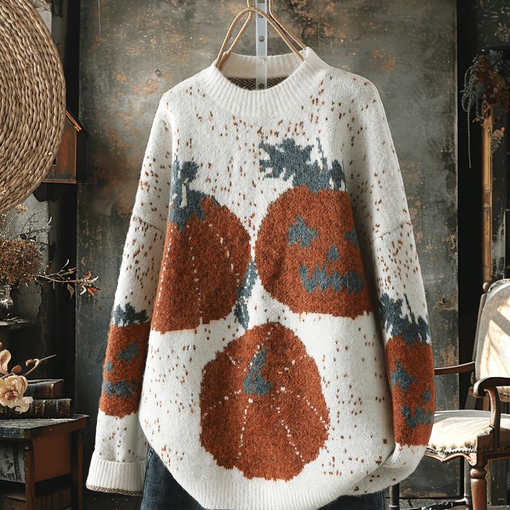 Pumpkin Halloween Print Knitted Pullover Sweater artswardrobe