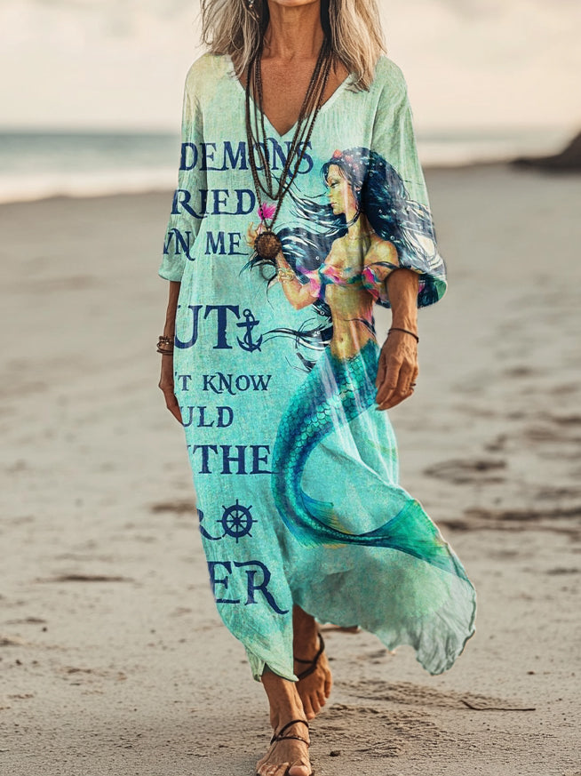 Women's Vintage Whale Art Print Pocket Cotton Dress