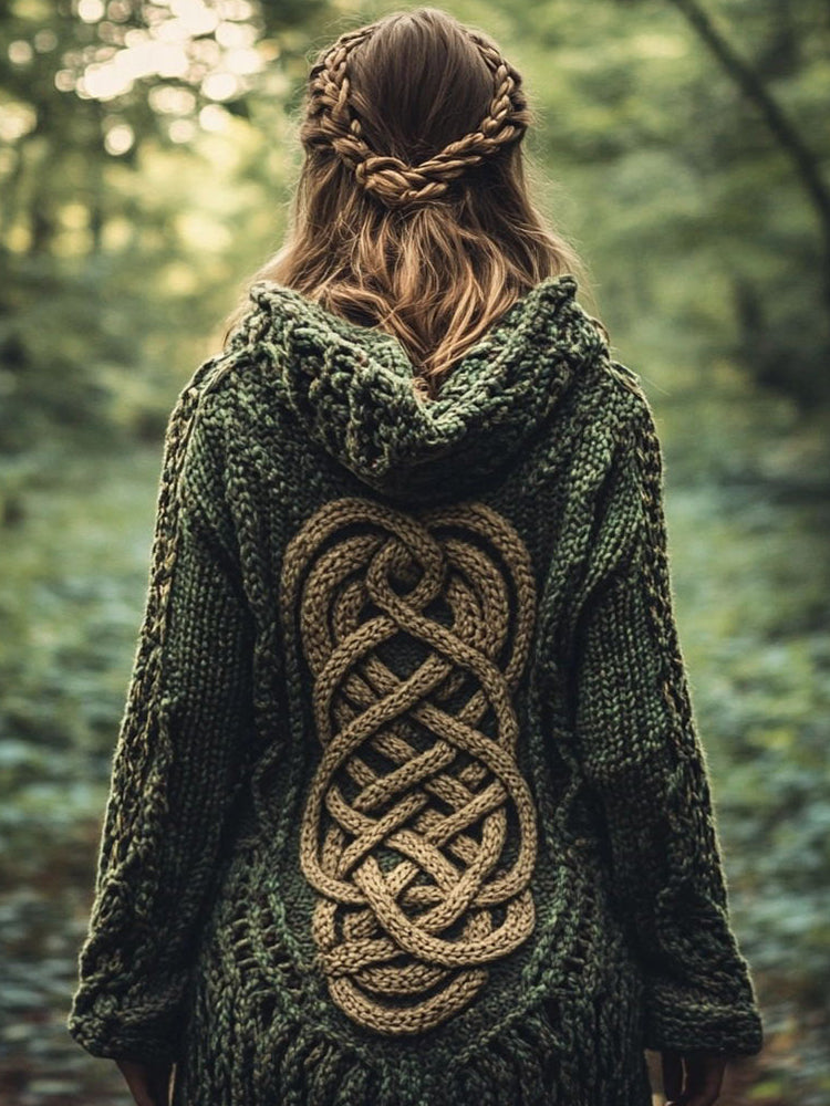 Women's Celtic Knot Contrast Color Chunky Knit Hooded Cardigan artswardrobe
