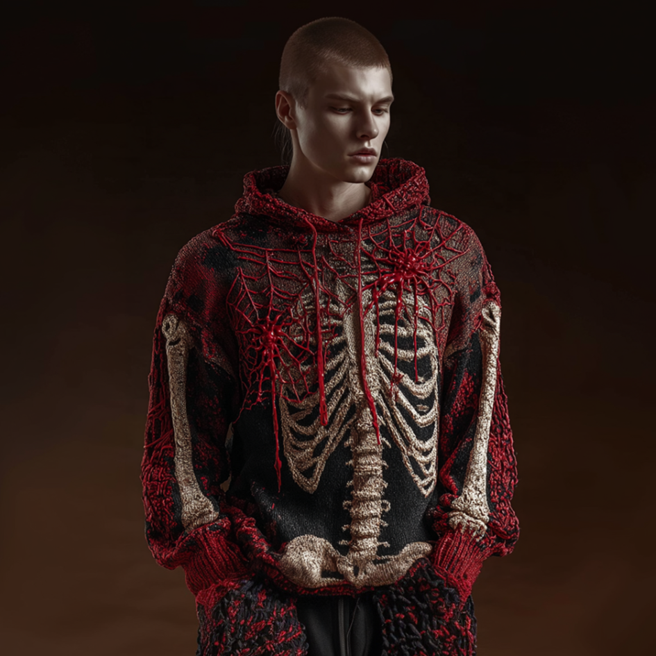 Halloween Spider And Skeleton Skeleton Design Men's Hooded Knit Sweater artswardrobe