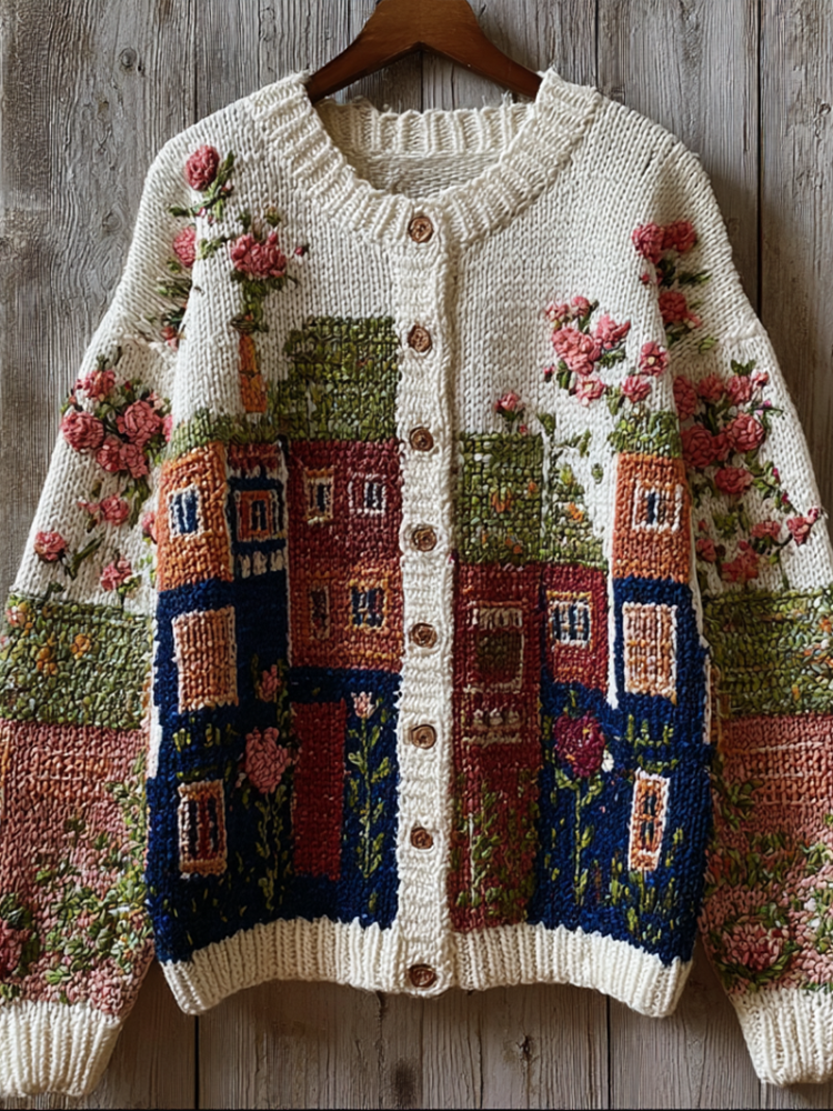 Bohemian Style Garden Pattern Design Women's Knitted Sweater Coat elevenforest