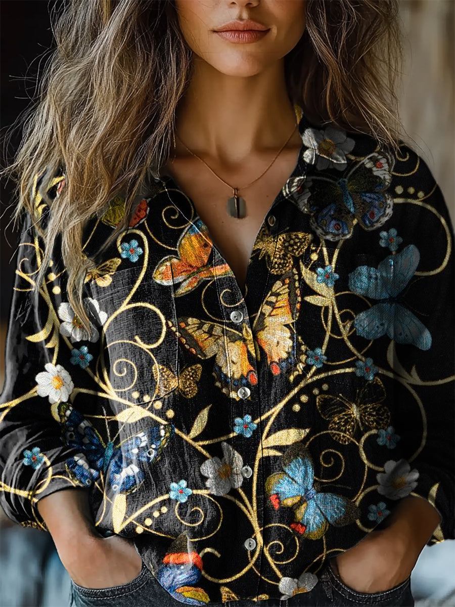 Women's Vintage Floral Art Print Casual Long Sleeve Comfortable Cotton