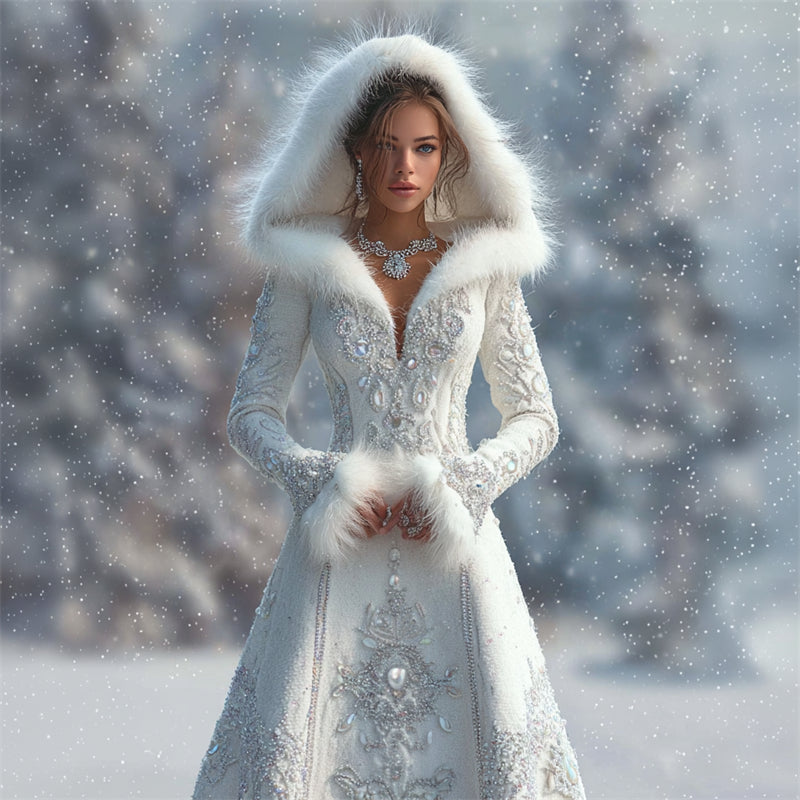 Vintage Snowflakes Jewel Art Fur Trim Hooded Maxi Sweater Dress