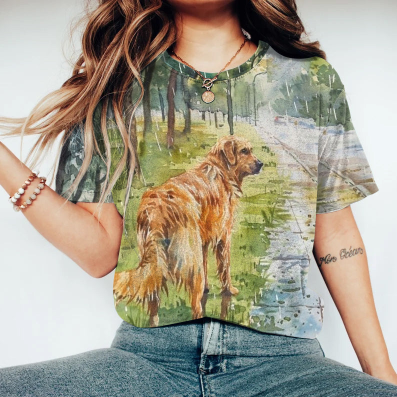 Comstylish Dog In The Rain Print Round Neck Short Sleeve Casual T-Shirt