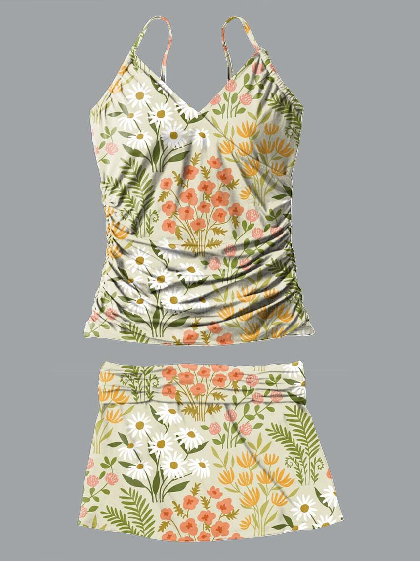 V-Neck Light Green Spring Florals Art Print Suspender Skirt Tankini Pantskirt Set Swimsuit