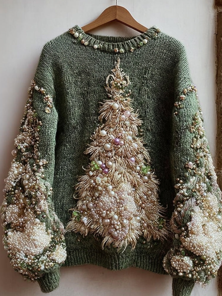 Vintage Pearl Christmas Tree Embroidered Green Vintage Round Neck Sweater artswardrobe