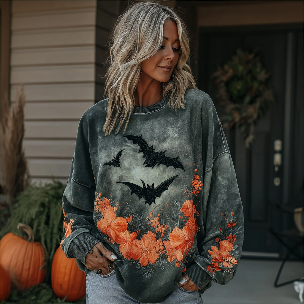 Comstylish Vintage Halloween Bat Floral Embroidery Gradient Casual Sweatshirt