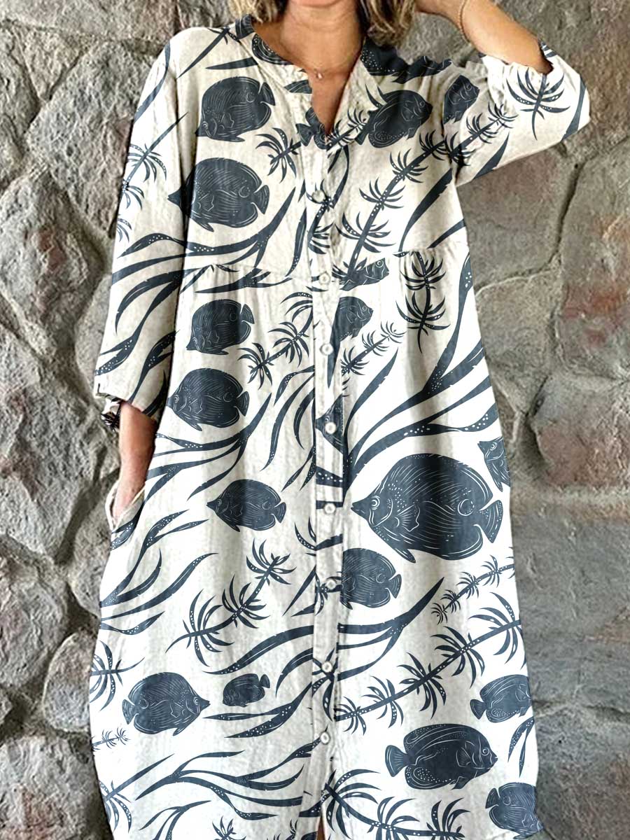 Women's Resort Fish Beach Pattern Cotton Shirt Dress