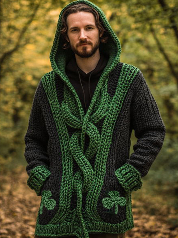 Men's Shamrock Pattern Contrast Cozy Knit Hooded Cardigan artswardrobe