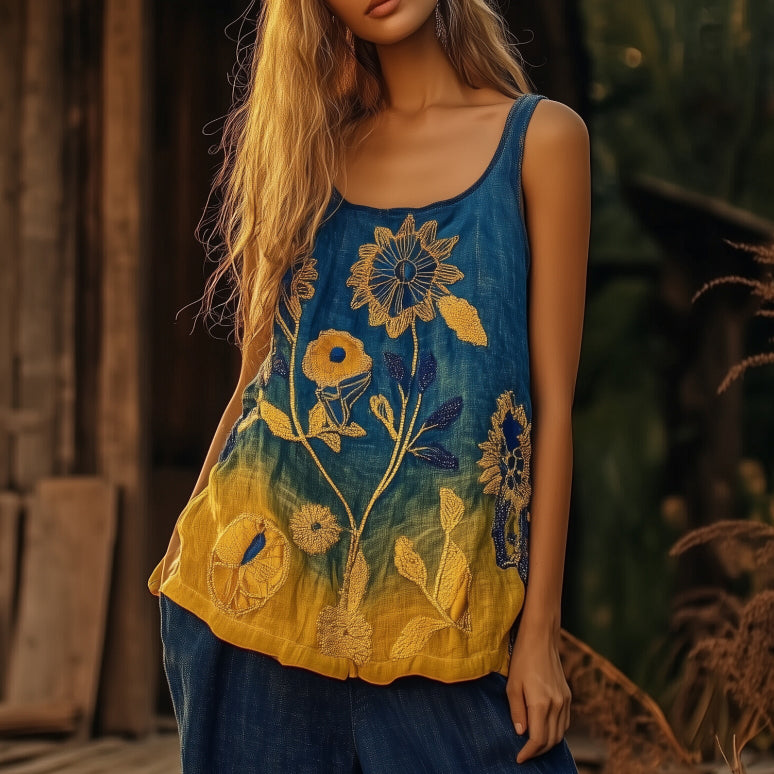 Boho Ethnic Sunflowers Gradient Linen Sleeveless Tank Top artswardrobe