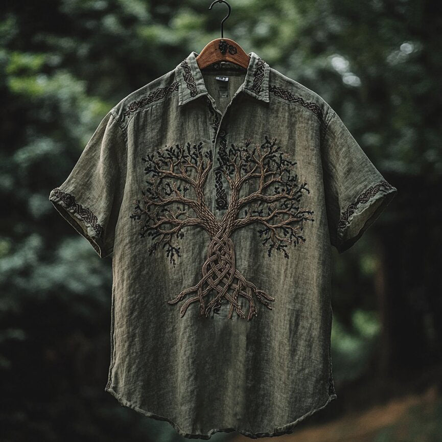 Men's Viking Tree Of Life Embroidery Pattern Lapel Shirt artswardrobe