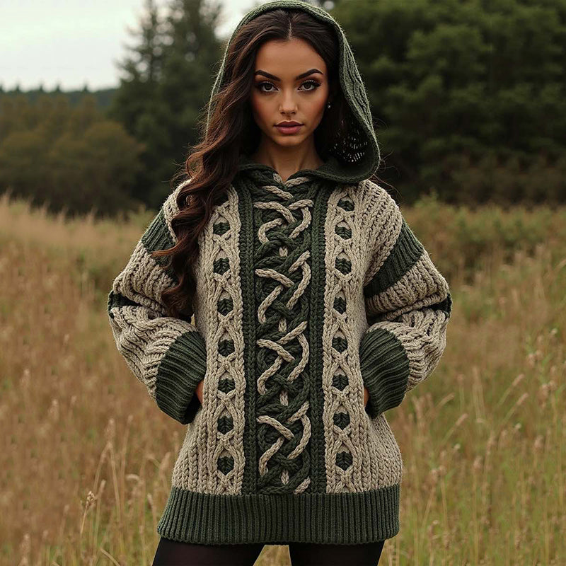 Women's Contrast Weave Jacquard Pocket Hooded Sweater artswardrobe