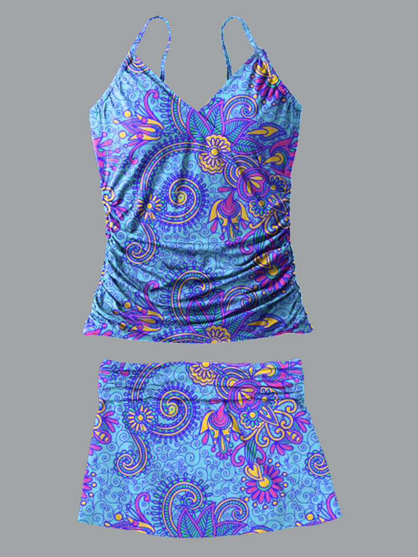 Retro Purple Flower V-Neck Vintage Flowers Print Suspender Skirt Tankini Pantskirt Set Swimsuit