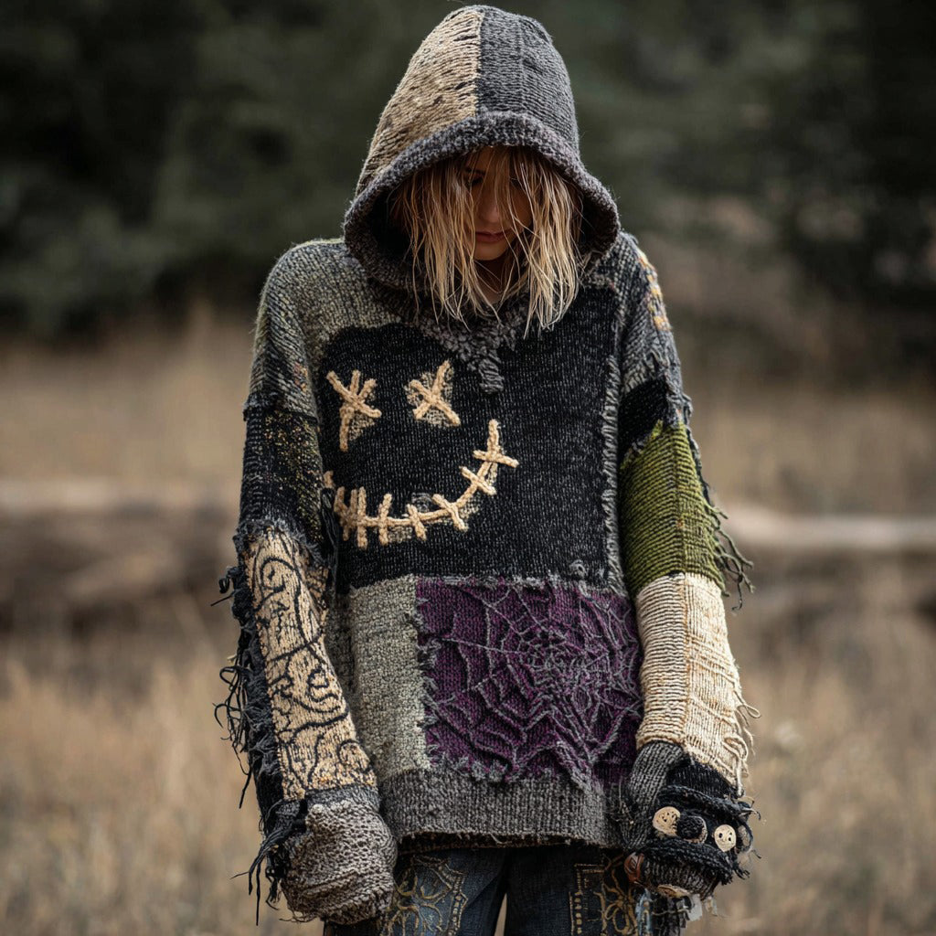 Spooky Face And Spider Web Patchwork Design Cozy Halloween Knit Hooded artswardrobe