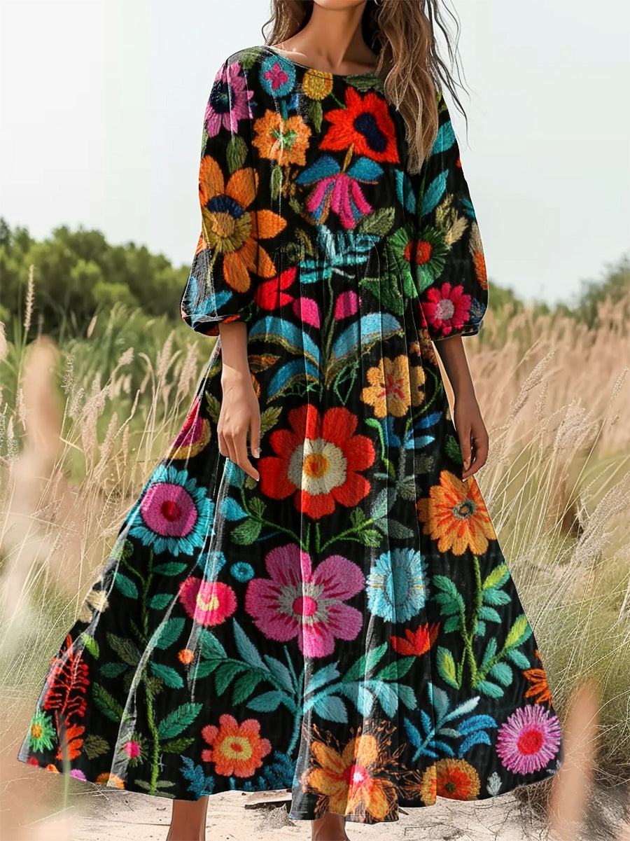 Women's Vintage Ethnic Bohemian Floral Print Flowy Cotton Crew Neck Dr