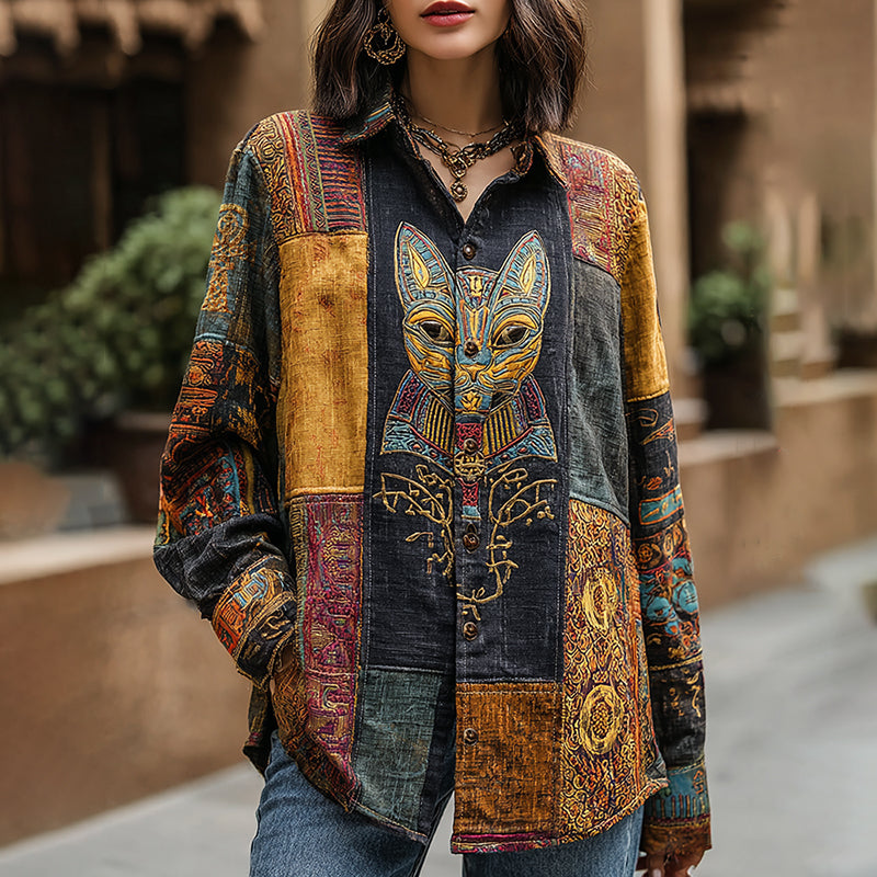 Comstylish Women's Vintage Ancient Egyptian Cat Patchwork Lapel Linen Blend Shirt