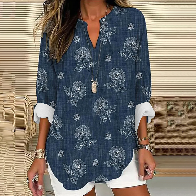 Comstylish Vintage Floral Print V-Neck Linen Blend Blouse