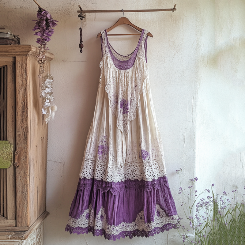 Boho Gradient Lavender Embroidered Pattern Lace Linen Dress artswardrobe