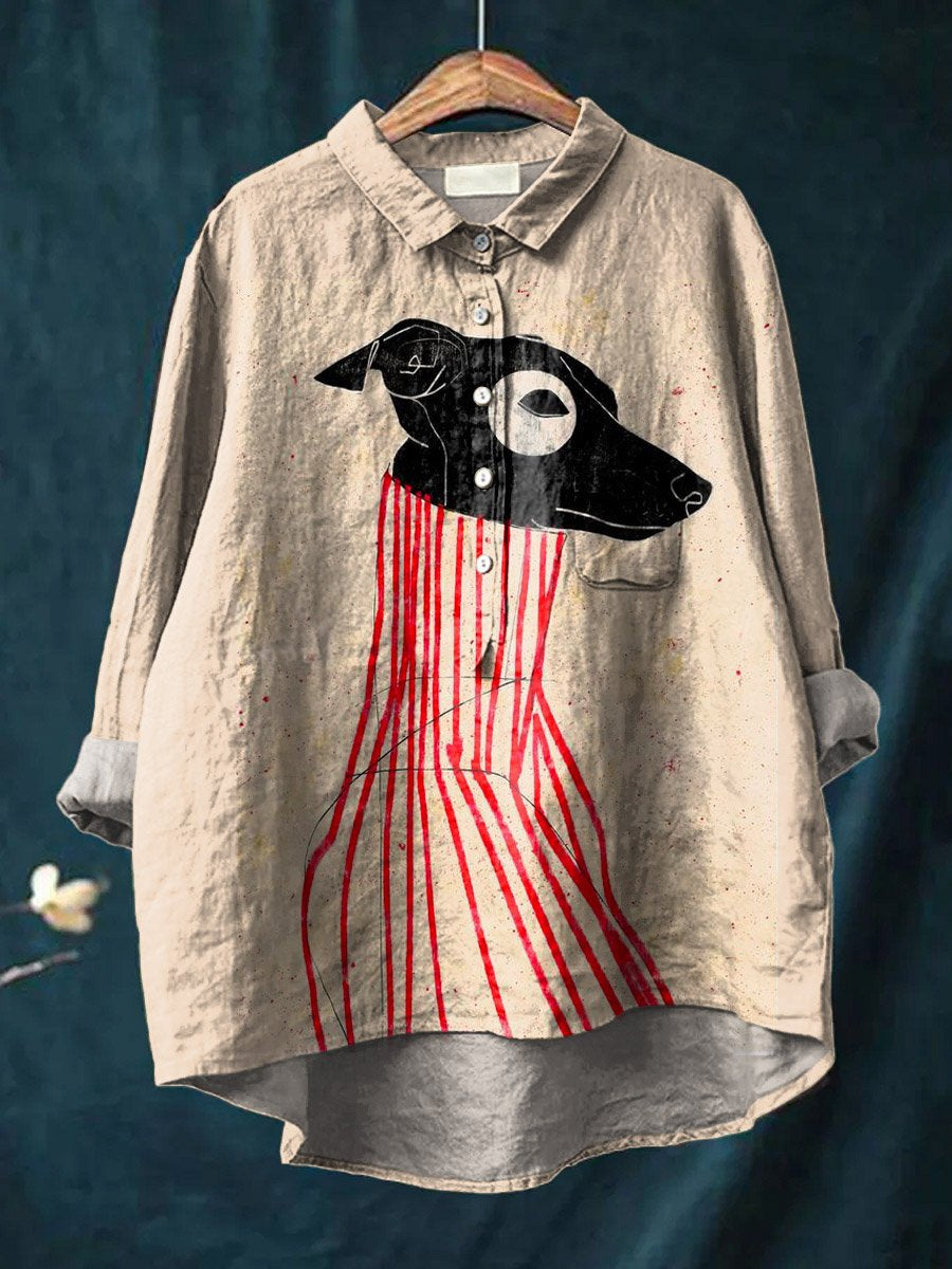 Vintage Funny Dog Art Print Casual Cotton And Linen Shirt