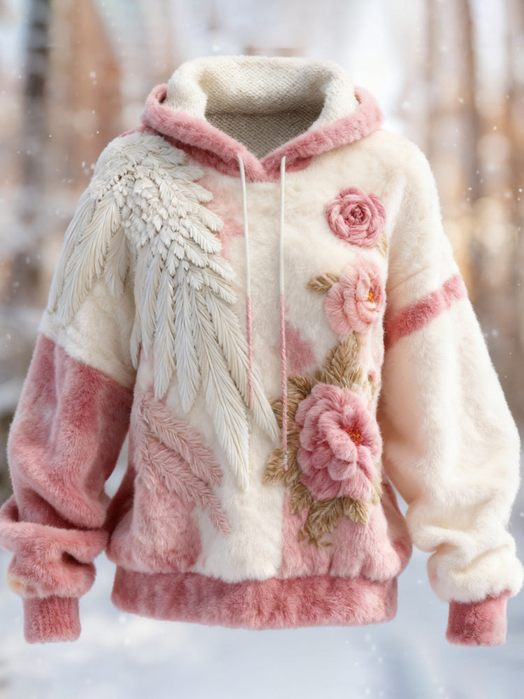 Comstylish Boho Rose & Wings Women's Flannel Hooded Sweatshirt