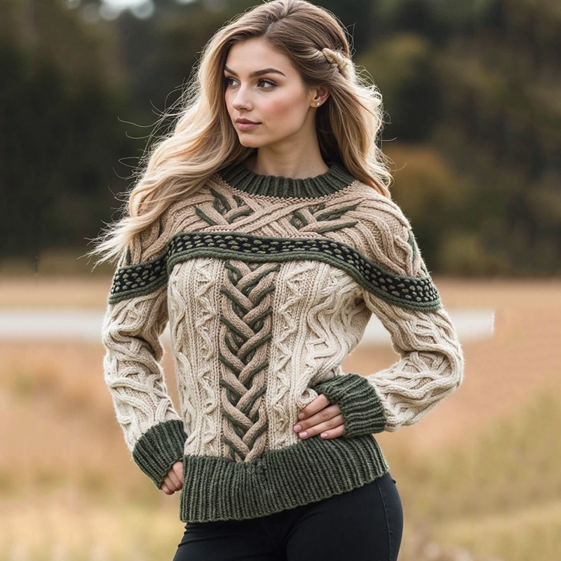 Women's Irish Jacquard Contrast Color Cozy Knit Sweater artswardrobe