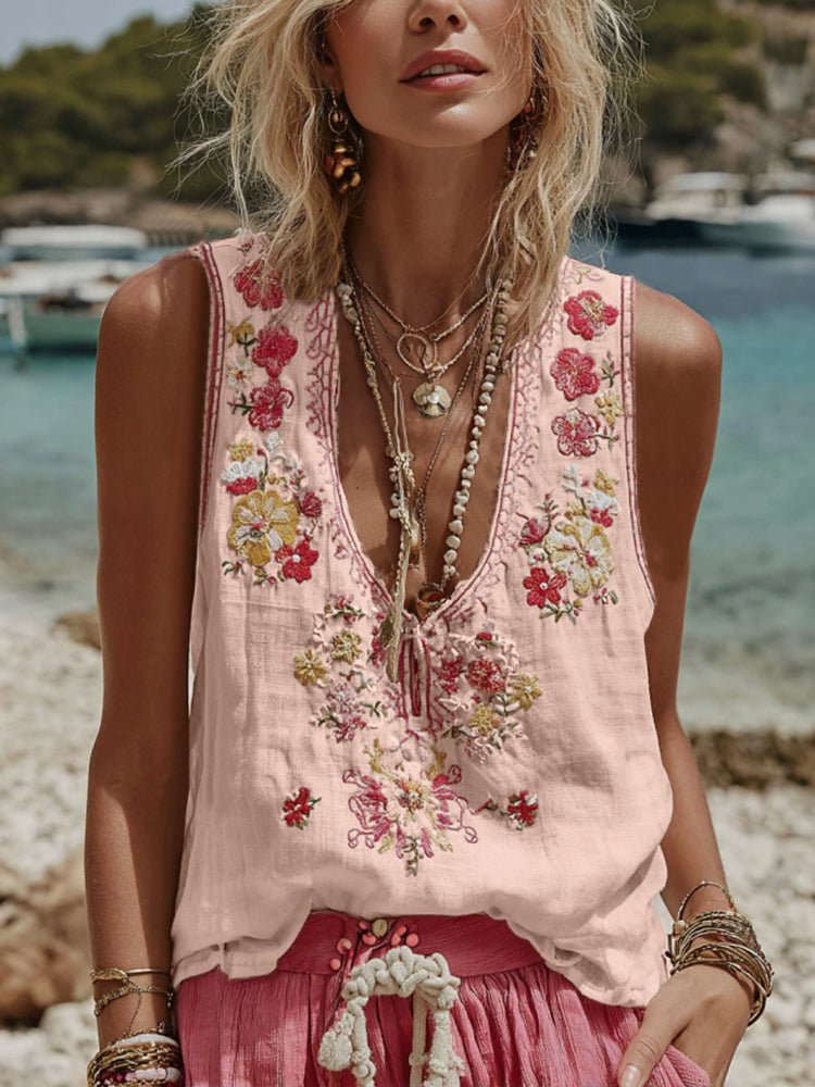 Women's Vintage Floral Embroidery Casual Sleeveless Top artswardrobe