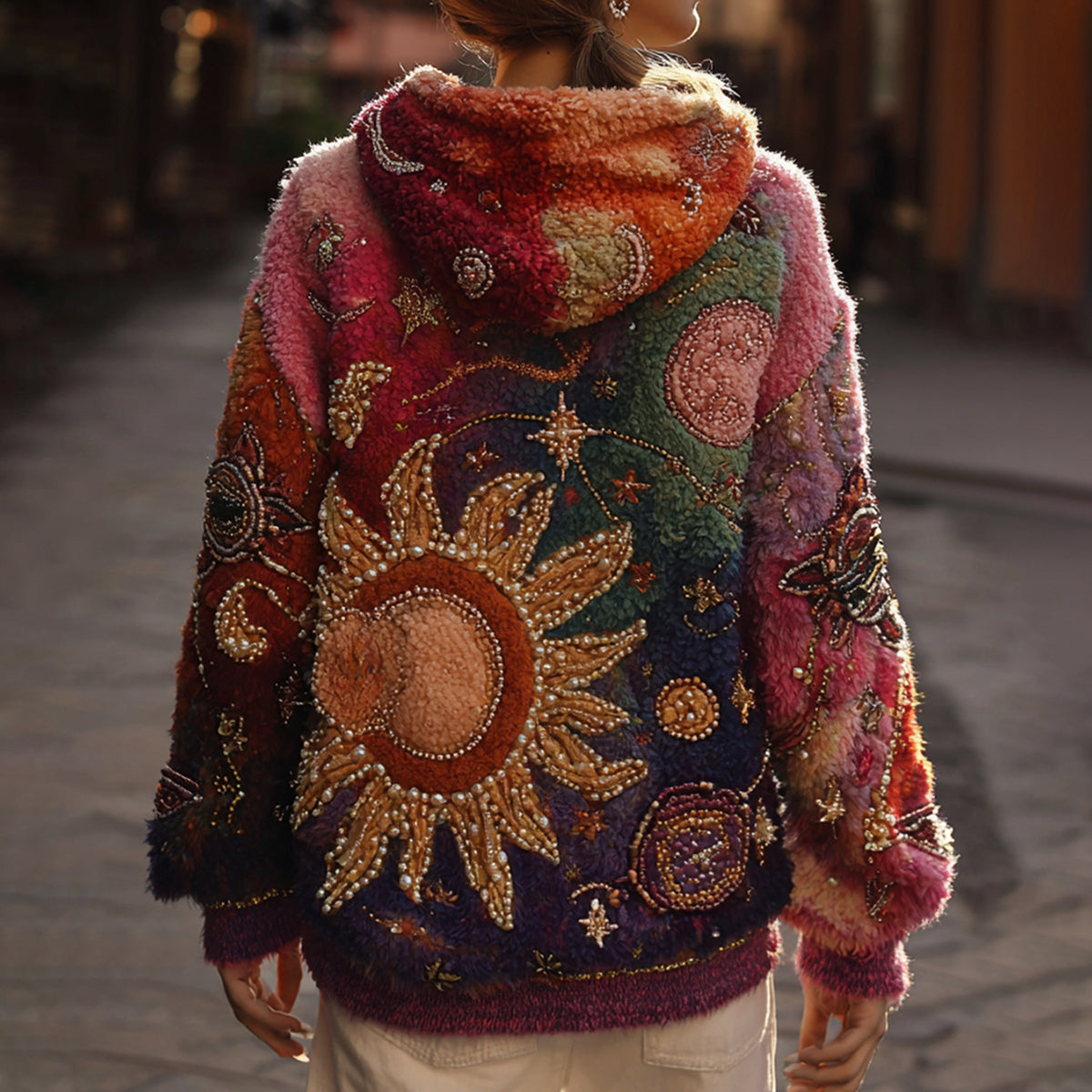 Comstylish Halloween Themed Star And Moon Pearl Embroidery Gradient Hoodie