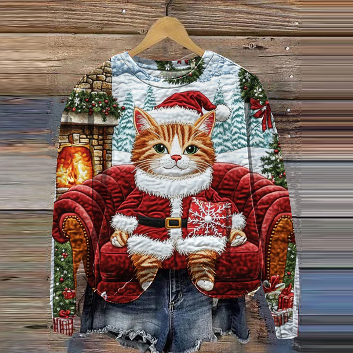 Christmas Cat Art Print Casual Sweatshirt elevenforest