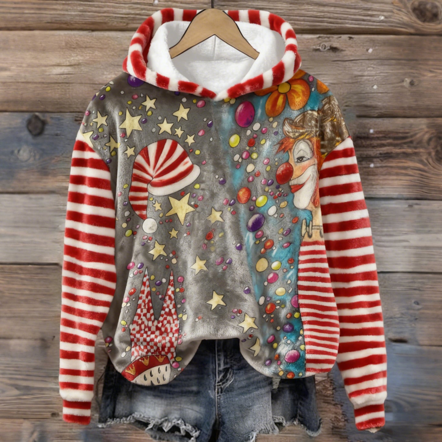 Comstylish Women's Clown Stripes Pattern Art Cozy Flannel Hooded