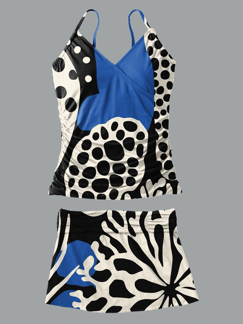 V-Neck Vintage Blue Flowers Print Suspender Skirt Tankini Pantskirt Set Swimsuit