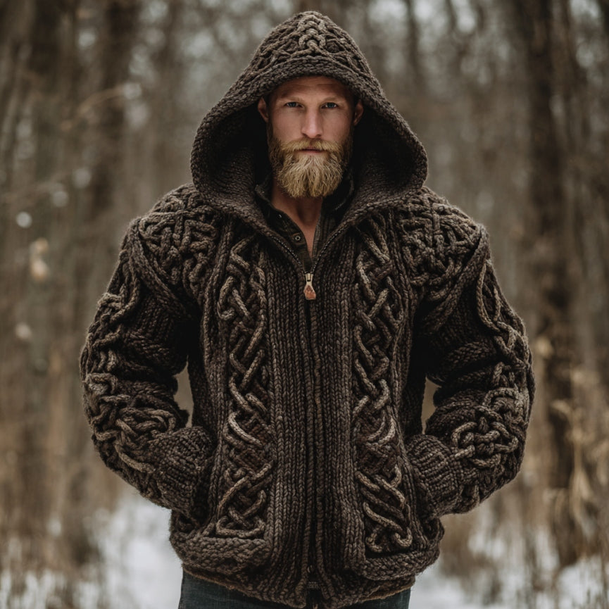 Men's Vintage Viking Celtic Knot Art Chunky Knit Hooded Zip-up Sweater artswardrobe