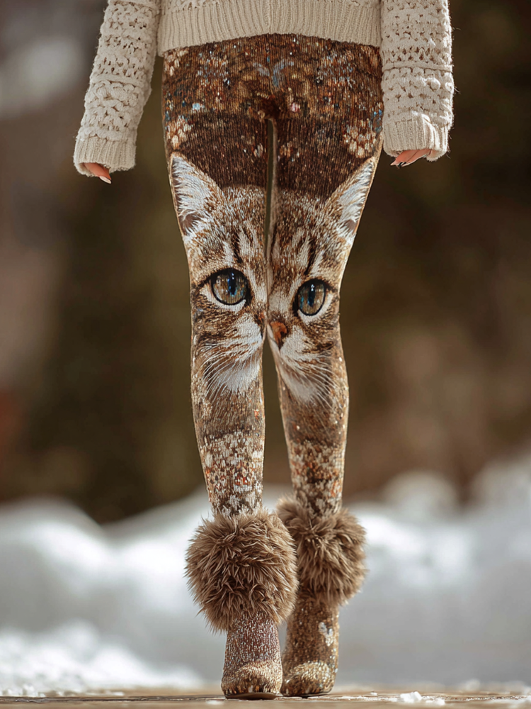 Comstylish Women's Cute Cat Knitted Tight-fitting Leggings