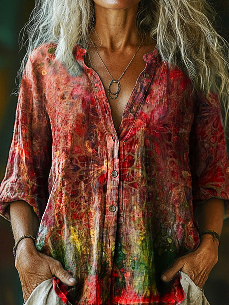 Women's Bohemian Patterns Art Print Casual Cotton Linen Shirt