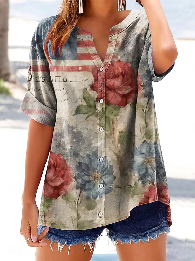 Women's Vintage Flag Floral Independence Day Art Print Casual Short Sl